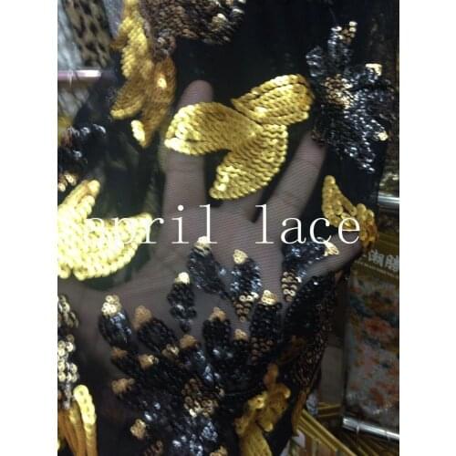 5yards XH004 black gold sexy paillette sequin embroidery african tulle fabric for wedding/evening dress fast shipping by dhl