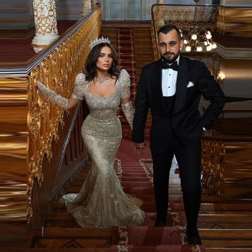 Glitter Beading Sequin Lace Mermiad Prom Gowns Elegant Dubai Bridal Dress To Wedding Party 2021 Sparking Crystal Prom Dresses