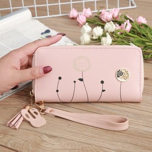Long Women Dandelion Pattern Wallets Female Zipper Tassel Solid Color Coin Purses Ladies Wristband Multifunction Card Holder