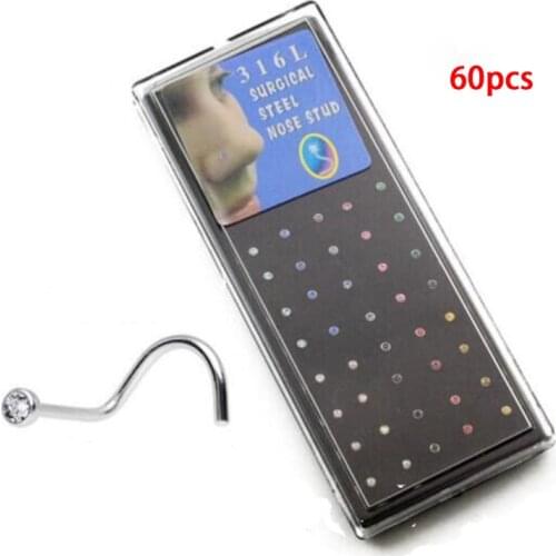 60pcs/lot Rhinestone Crystal Stainless Steel Nose Jewelry Straight Stud Bar Piercing Nose Ring Septum Piercing Nostril