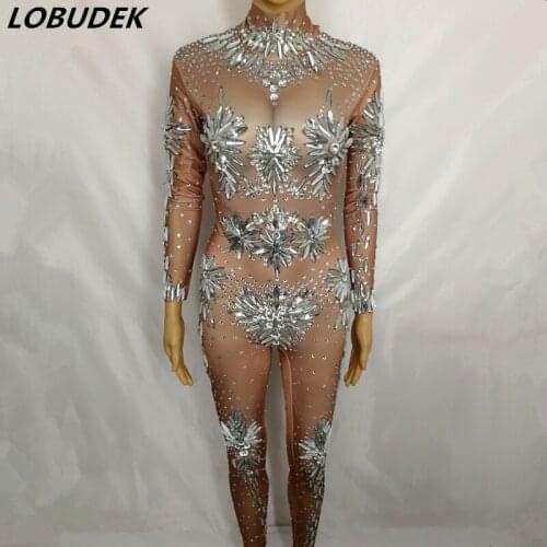 Sexy Skin Color Glass Crystals Jumpsuit Women Stage Performance Dance Bodysuit Nightclub Bar Party Costume Singer Show Wear