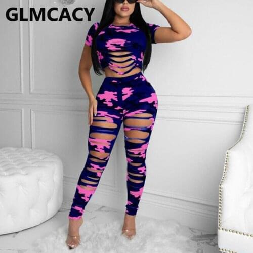 Women Ripped Two Piece Camo Tracksuits Short Sleeve Crop Top and Long Pants Set