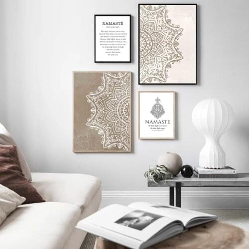 Mandala Flower Beige Neutral Color Bohemian Mural Namaste Art Printed Canvas Zen Yoga Living Room Home Interior Decoration