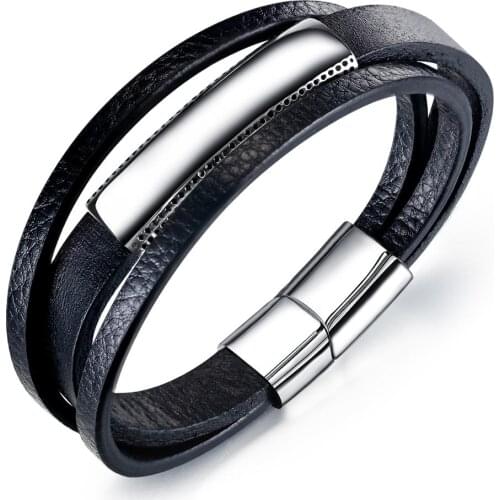 Punk three layers black leather bracelet for men jewellery accessories 2020 Smooth Stainless steel buckle charm pulseiras bijoux
