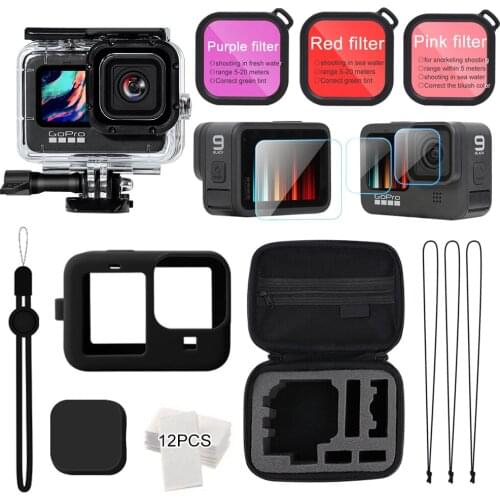Go Pro Accessories Kit Waterproof Housing Case+Silicone Case+Tempered Film+Storage Bag+Three Colour Filter for Gopro Hero 9 Blac