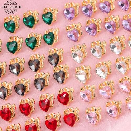 New 10Pcs Colorful Crystal Hearts Charms 12*12mm Gold Metal Devil Love Charm For Making Jewelry DIY Fashion Earrings Accessories