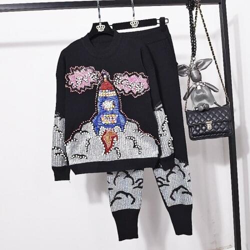 Autumn Women Set Fashion Sequins Beaded Letter Long sleeve Loose Knitted Sweater + Casual Knit Pants Women Two Piece Set G532