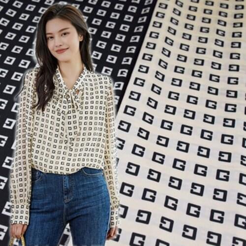 Half Meter High Grade Fashion Black & Beige Geometric Letters Chiffon Fabric For Dress Shirt Trousers Material T1657