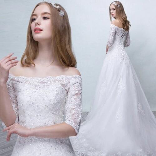 Luxury Lace Wedding Dress Boat Neck Sequined Sweep Train Half Sleeves Beach Bridal Gown Bohemian Wedding Gowns Robe De Mariage