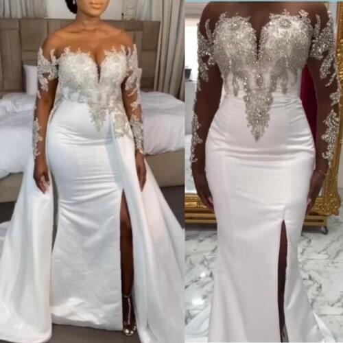 African Plus Size Wedding Dresses With Detachable Train Sheer Beads Side Slit Mermaid Wedding Dress Sleeves Satin Bridal Gowns