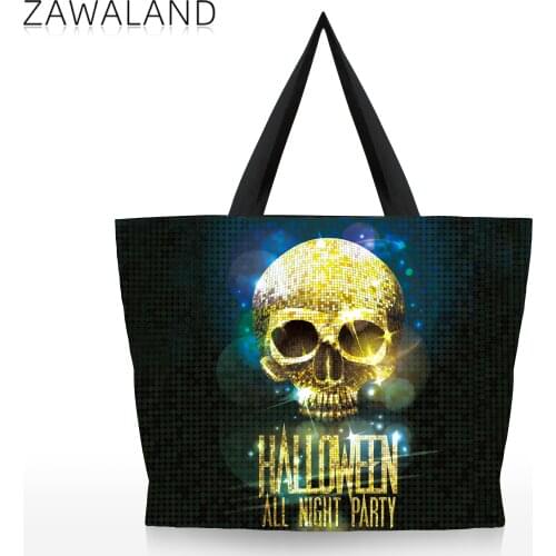 Zawaland Women Skeleton Shoulder Bags Halloween Party Top Handle Bag Canvas Zipper Travel Tote Student Girl Handbag for Shopping