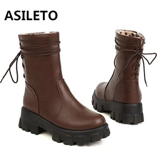 ASILETO Punk Women Mortorcycle Mid-Calf Boots Shoes Round Toe Thick Bottom Platform Winter Warm Lace Up Ladies 34-43 S2456