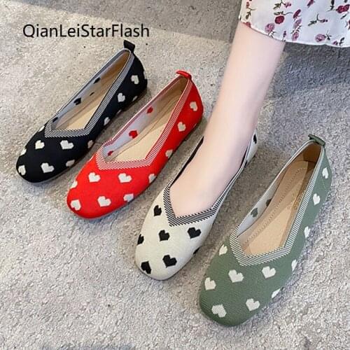 Women Flats Heart Knitting Slip on Flats Shoes Woman Loafers Dot Boat Shoes Breathable Comfortable Ladies Shoe 2021 Spring
