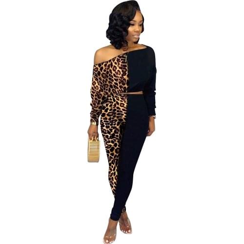 Women Sexy Leopard One Off Shoulder Two Piece Sets Sheath O neck Long Sleeve Night Club Suit 3 Color 6 Size