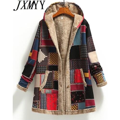2021 Winter Vintage Women Coat Warm Printing Thick Fleece Hooded Long Jacket with Pocket Ladies Outwear Loose Coat for Women