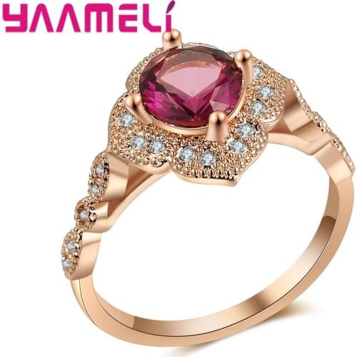 New Fashion Clear Red Round CZ Stone Rose Gold Color Flower 925 Sterling Silver Wedding Rings For Woman Dropshipping