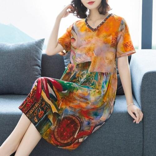 2019 New Imitate Real Silk Dress Summer Floral Print Women Dresses Loose Fashion High Quality Casual Beach Elegant Dress vestido