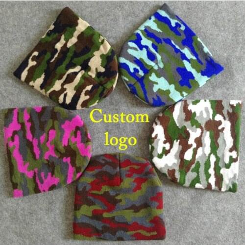 10pcs Short beanies Soft Knitted camouflage Man Elastic Winter Thick cap for Men Camo ski caps Warm Embroidery logo Hat Adult