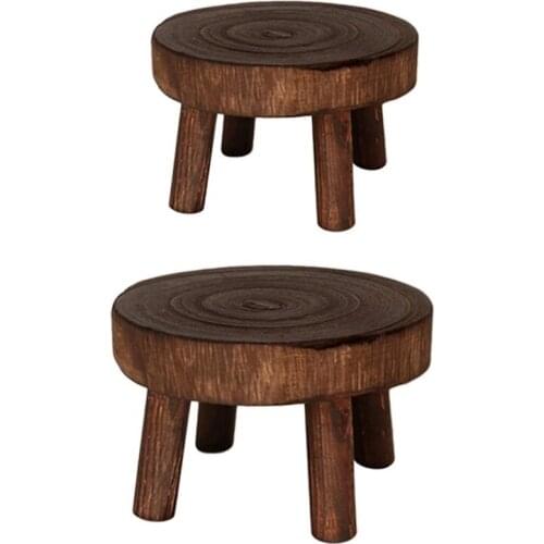 2Pcs Mini Wooden Stool Flower Display Stand, Potted Plant Shelf Bonsai Rack, Vintage Wood Grain Garden Plant Pot Stand