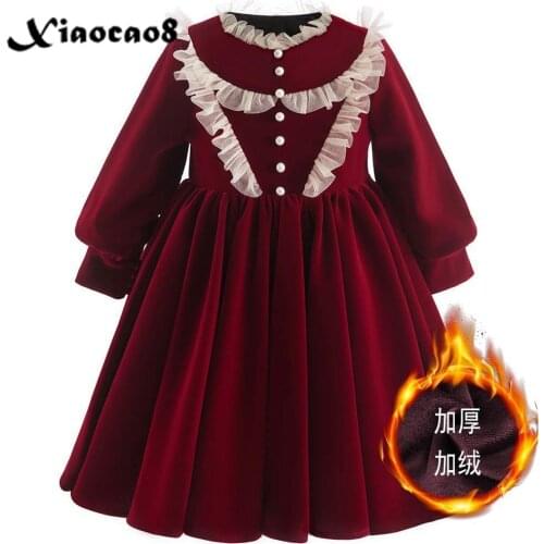 2020 Winter Girls Velvet Warm Dresses Kids Thick Pearl Botton Full Princess Dress Toddler Fall Clothes Vestido 8 10 12 14Years