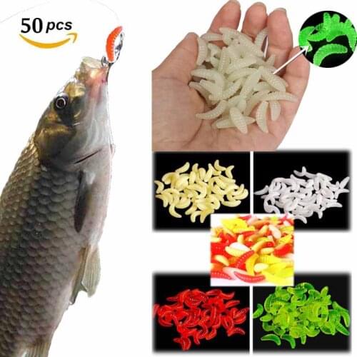 50Pcs/Pack Smell Fishing Worms Lures Hand Pole Bait Fishing Lure Soft Bait Bread Bug Bionic Grubs Trout Lure Fishing Accessories