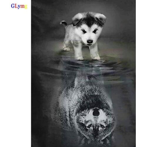 GLymg Diy Embroidery Handicrafts Dog Reflection Wolf Diamond Painting Cross Stitch Full Square Drill Mosaic Home Decor Picture