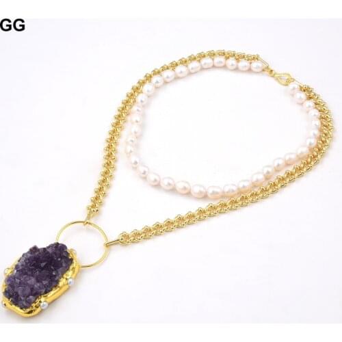 GuaiGuai Jewelry Natural Freshwater White Rice Pearl Chain Necklace Purple Amethysts Druzy Pendant 17" Necklace For Women