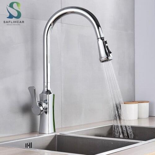 Chrome Kitchen Faucet Pull Out Spout Two-outlet Mode Polished Kitchen Sink Crane Hot and Cold Water Mixer Taps Deck Mount