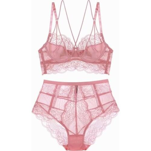 French ultra-thin lace beautiful back underwear sexy gathered ladies bra set transparent comfortable breathable bra