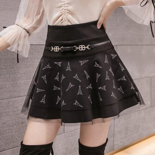 2020 spring and autumn new mesh gauze diamond high waist slim short skirt black all-match skirt