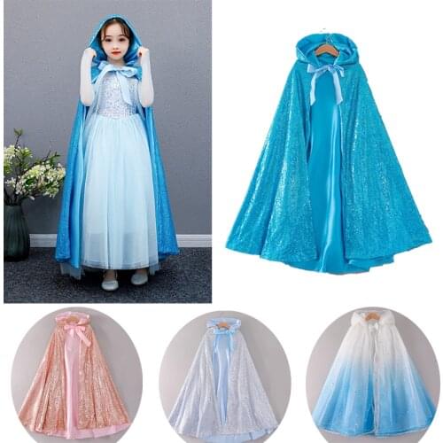 3-10 Years Girls Sequins Long Cloak Clothing Full Length Hooded Cape Princess Girls Costume Christmas Halloween Party Make Up