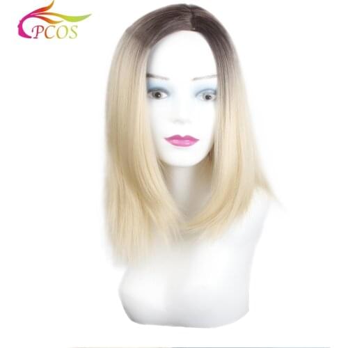 Short Blonde Synthetic Gradient Dark Roots Wig bob for Black Women Daily Hair Natural Straight Wigs