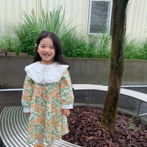Autumn New Arrival korean style girls dress long sleeve princess flowers pattern with big lapel for cute sweet baby girls
