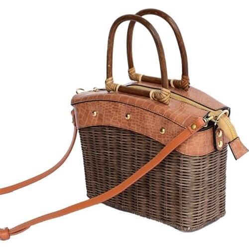 New style double rattan handle crossbody bag with long shoulder strap gray rattan weaving casual bag with zipper opening bags