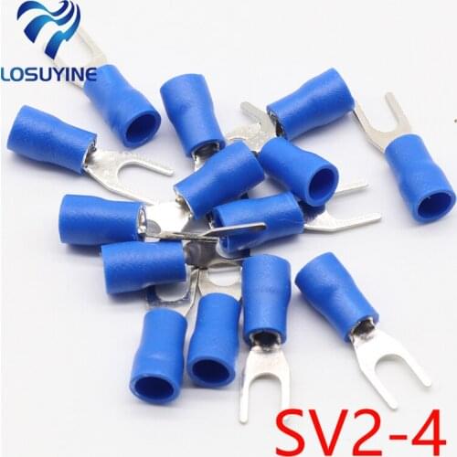 SV2-4 Blue Furcate Cable Wire Connector 100PCS/Pack Furcate Pre-Insulating Fork Spade 16~14AWG Wire Crimp Terminals SV2.5-4 SV