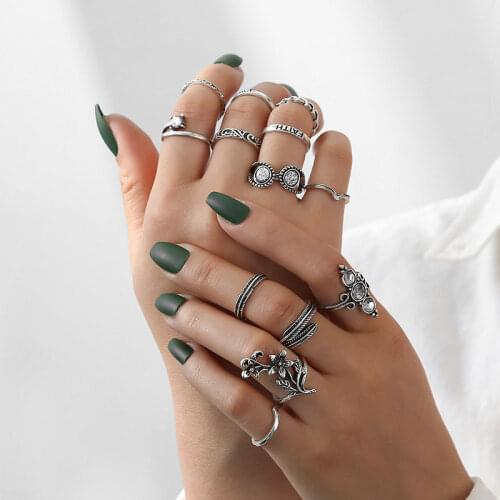 Bohemia Antique Silver Color Stacking Rings Sets Flower Hamsa Hollow Out Knuckle Rings for Women Jewelry