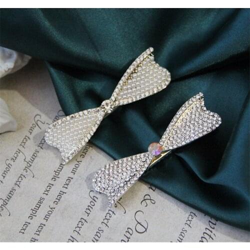 Pearl Rhinestone Hairpin Fashion Chain Bow Side Duckbill Clip Bridal Headwear Wholesale