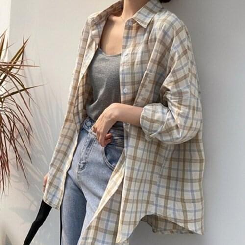 Mazefeng New 2020 Women Summer Blouses Shirts Fashionable Single Breasted Plaid Casual Vintage Loose Female Wild Tops One Size
