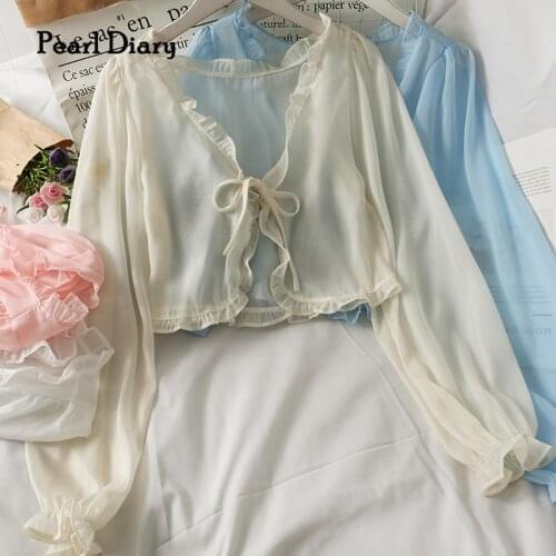 Pearl Diary Women Sheer Chiffon Beach Cover Up Top Long Sleeve See Through Summer Ruffle Neckline Tie Front Casual Cute Tops