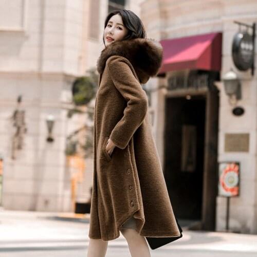 Sheep Shearling Womens Fur Coat Winter Jacket Women Fox Fur Collar 300% Wool Coat Female Long Jackets Chaqueta Mujer MY