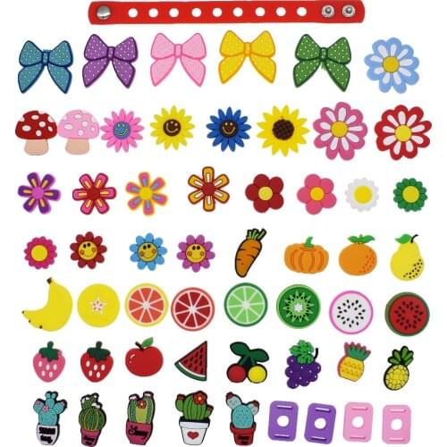 51Pcs Flowers Fruits Bowknot Vegetables Shoes Charms for Croc Shoes & Wristband + 4Pcs Shoe Lace Adapter + 1pcs 18cm Bracelet