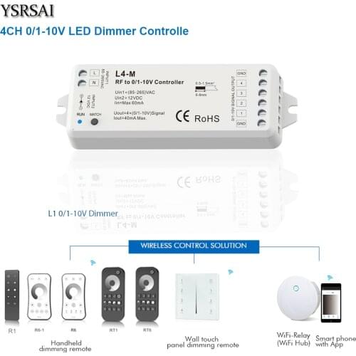 AC 85V-220V/DC12V L4-M 4CH 0-10V 1-10V LED Wireless Dimmer + 2.4G RF 4-Zone Touch dimming Remote Controller For Single Color LED