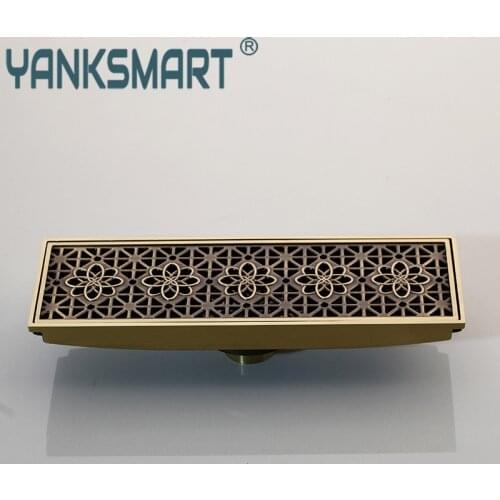 YANKSMART Antique Brass Bathroom Shower Floor Drain Grates Waste Linear Tile Insert Long Drainer Floor Drain 300mm * 100mm