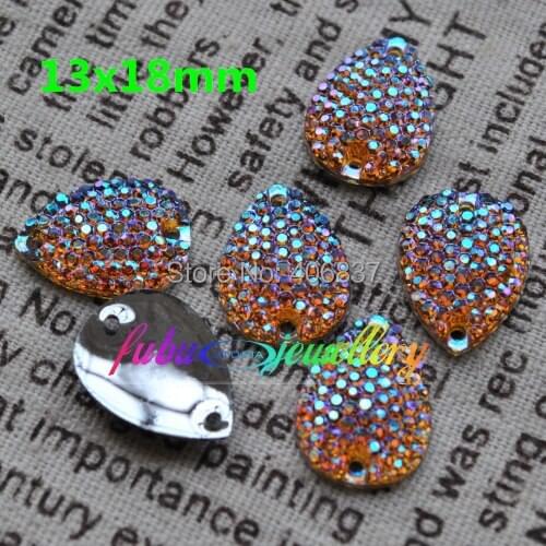 Free Shipping, 100pcs/Lot, 13*18mm Bling-star Smoked Topaz AB sew on teardrop stones flat back resin sew on rhinestones