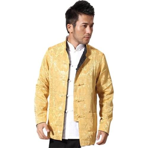 Black Gold Chinese Men Satin Jacket Two Sided Kung Fu Coat Mandarin Collar Tang Suit Top Overcoat M L XL XXL XXXL MN10