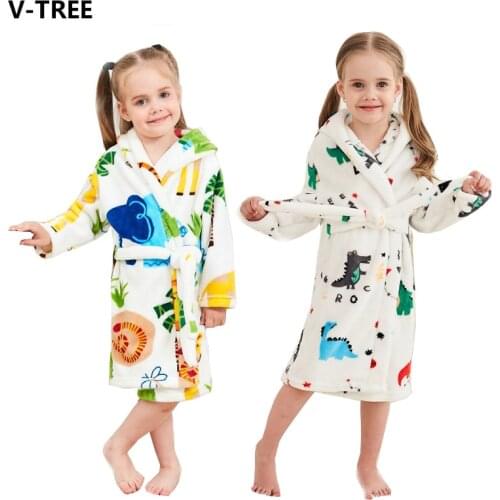Baby Robe Flannel Kids Bathrobe Long Sleeve Hooded Kids Sleepwear Lovely Cartoon Animal Child Night Gown Boy Girls Pajamas