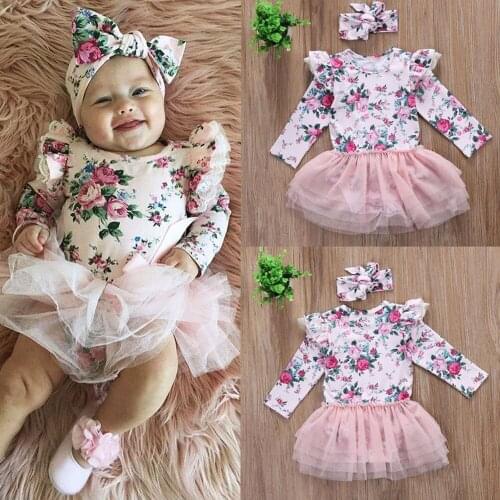 Baby Girl Fashion Floral Printed Bodysuit with Headband 0-24M Newborn Infant Toddler Lace Tulle Romper Jumpsuit Outfits Clothes