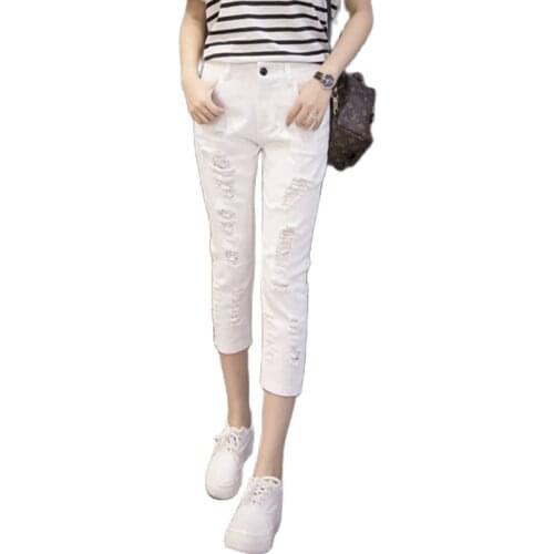 Jeans Womens White Retro 2021 Spring New Straight Trousers For Female Calf Length Pants Girl Ankle Length Hole Denim Pants 76