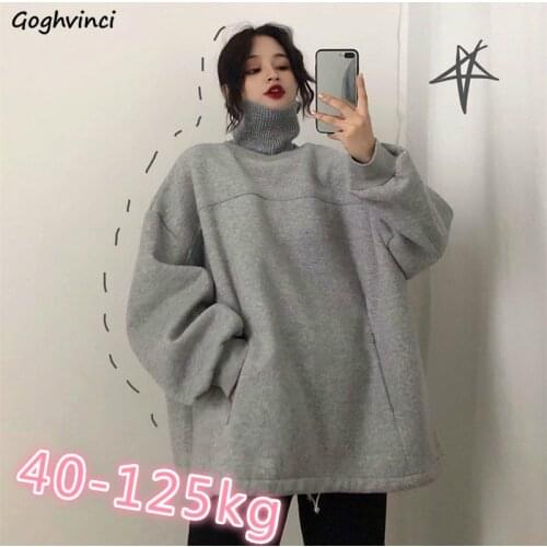 No Hat Hoodies Women Solid Turtleneck Oversize Autumn-winter Thicken Casual Loose Fashion Womens Sweatshirt Teens Korean-style