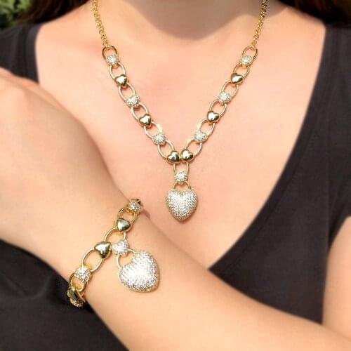 Fashion Big Heart Pendant Necklace&Bracelet High quality Cubic Zirconia Gold color chain Punk women Charm party Jewelry Sets CZ